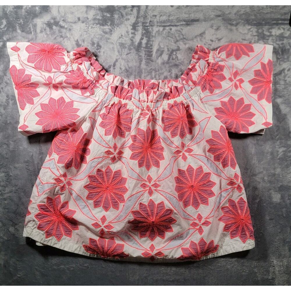 Maeve S Off Shoulder Short Sleeve Pink Neon Coral White Floral Top